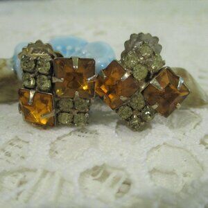 50s/60s Amber and Rhinestone Clip On Earrings